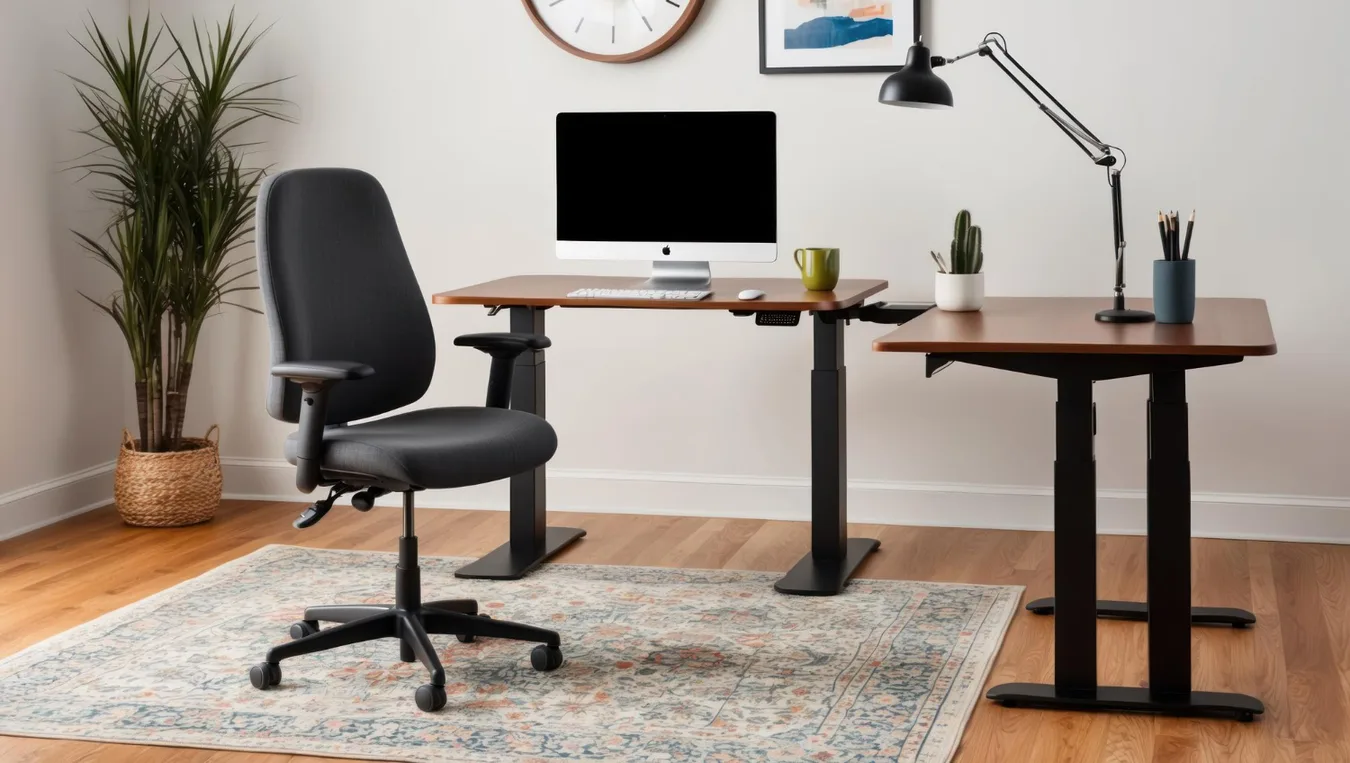 Domáca kancelária s ergonomickou stoličkou a výškovo nastaviteľným stolom
