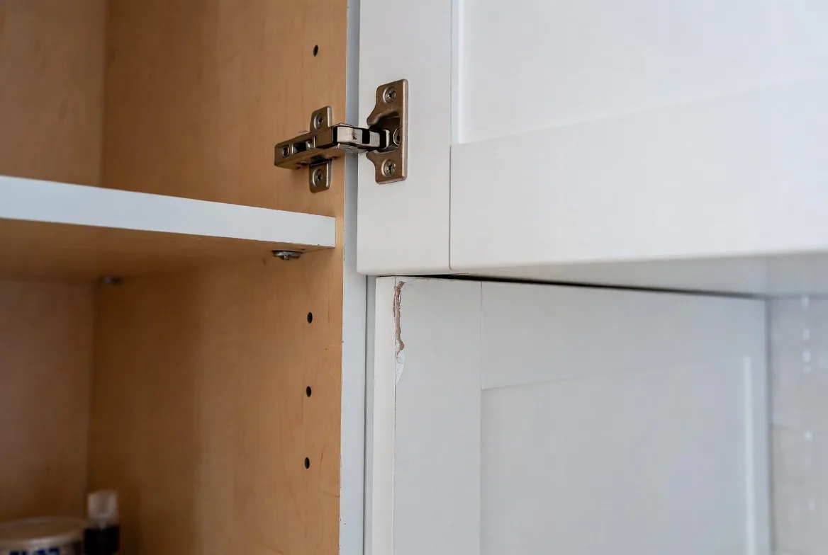 Detail poškodeného kovania a odlepenej hrany na kuchynskej skrinke