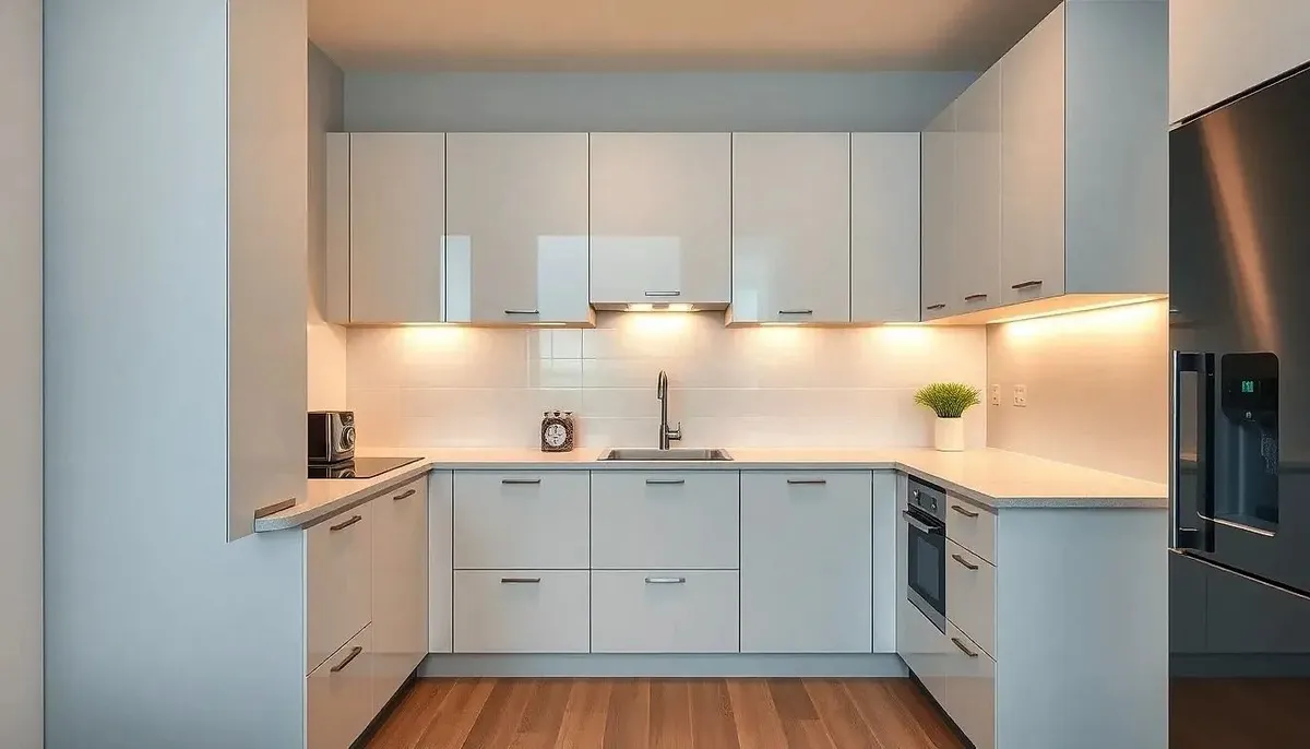 Moderná kuchyňa v slovenskom byte - svetlé skrinky, minimalistický dizajn, podsvietenie