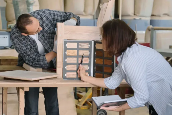 Dizajnér s klientom vyberajú vzorky dreva a povrchových úprav pre výrobu nábytku na mieru.